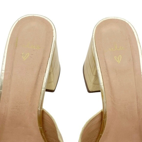Lulus Ybarra Metallic Gold Croc-Embossed Block Heel Leather Sandals Size 7.5 - Picture 13 of 16